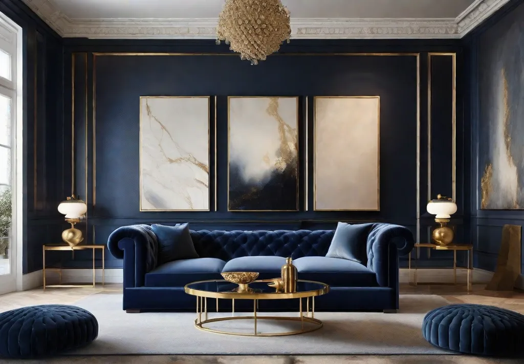 A dramatic navy blue living room with a large