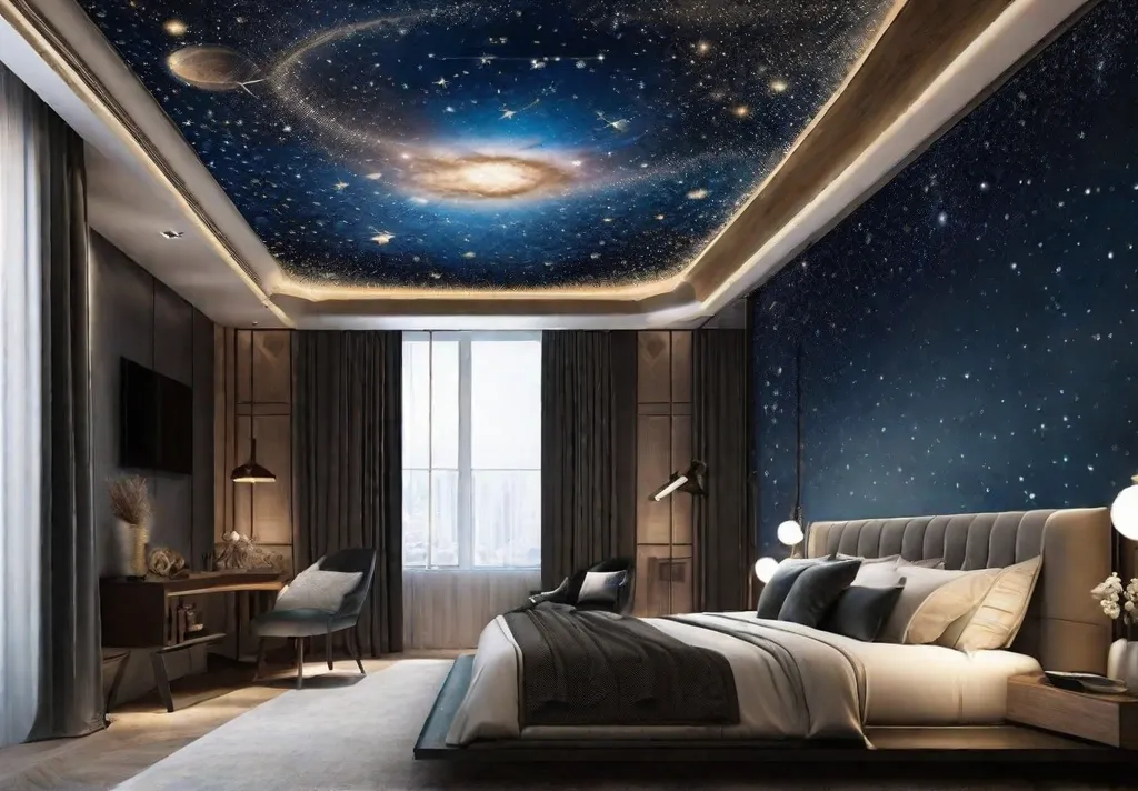 A dreamy ceiling mural painted above the bed depicting a soft whimsical