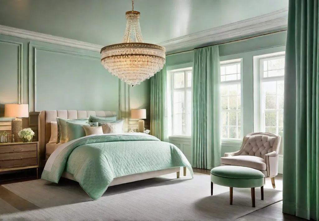 A dreamy pastel bedroom with an ethereal feel highlighting a soft pastel