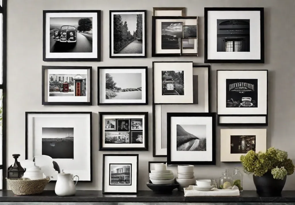 A dynamic gallery wall in a kitchen featuring a whimsical mix of black and white family photos