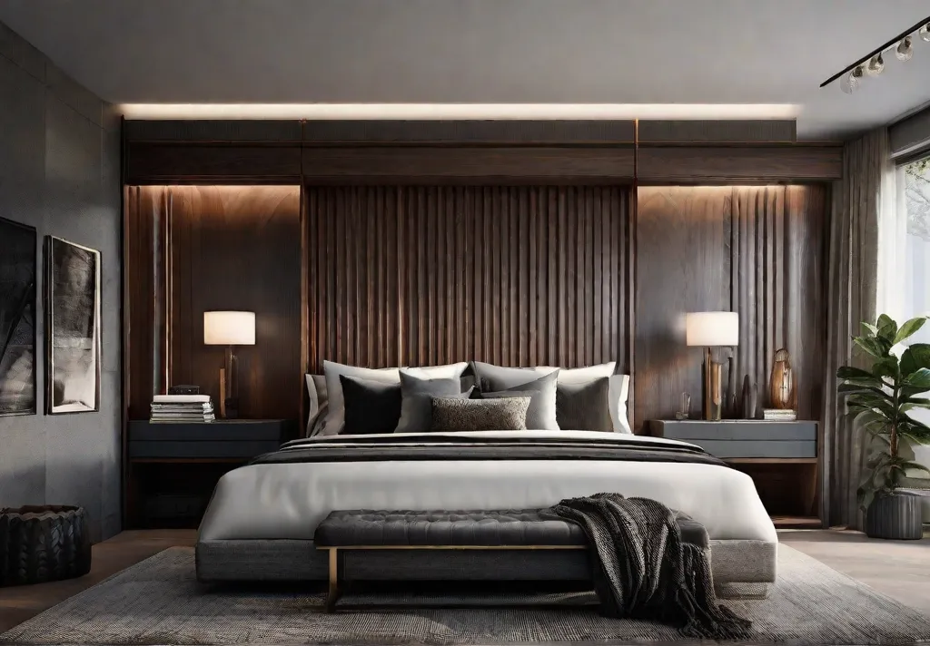 A dynamic shot of a modern masculine bedroom emphasizing a balanced blend