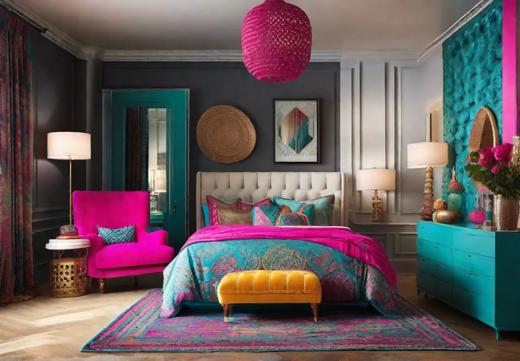 A funky bohemianinspired bedroom space with a brightly colored mismatched furniture ensemble