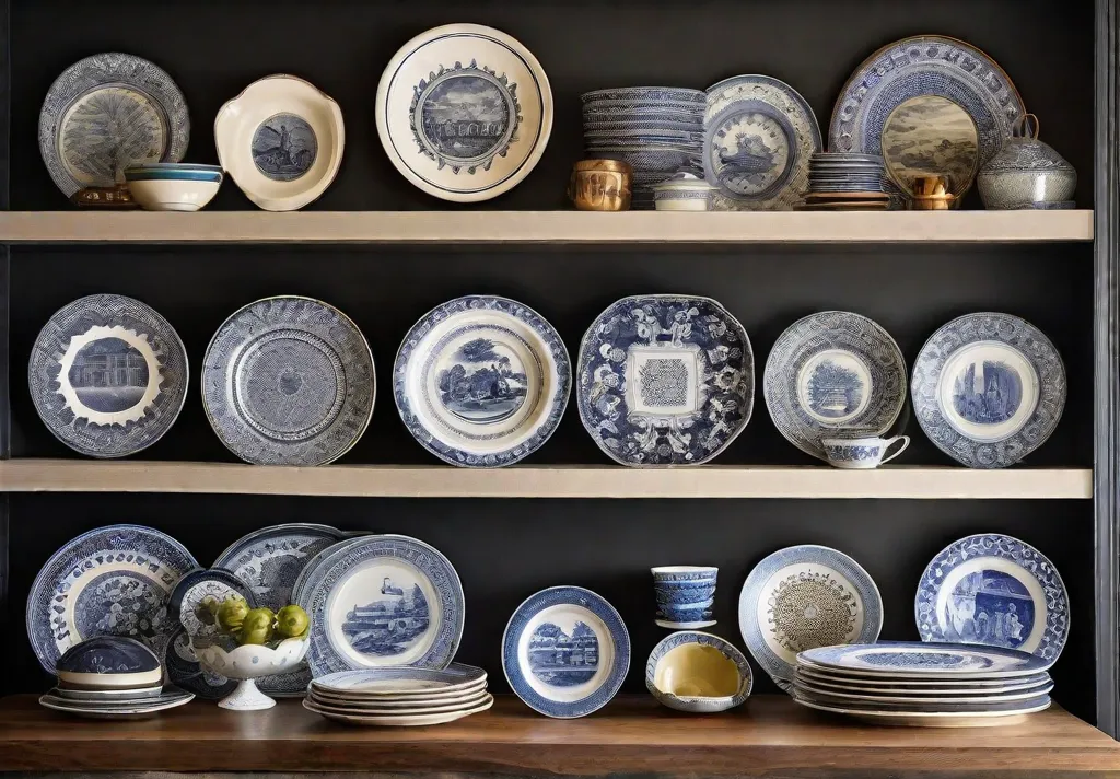 A gallery wall of vintage and modern decorative plates arranged artistically above the kitchen counter