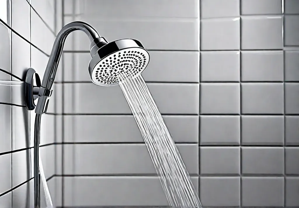 A handheld showerhead with a sleek design and multiple spray settings is attached to a shower arm