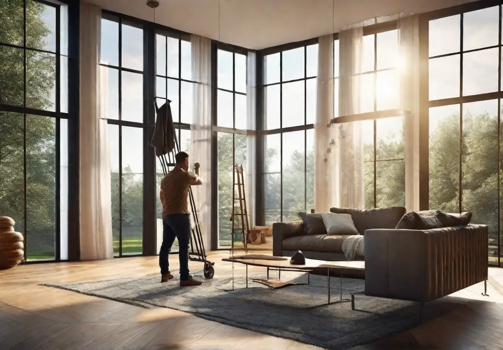 A high ceilinged living room mid transformation