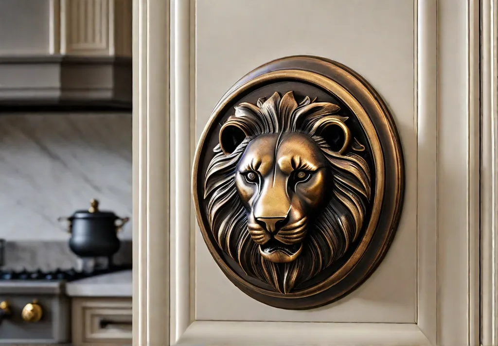 A kitchen cabinet door featuring a bold statement knob in the shape