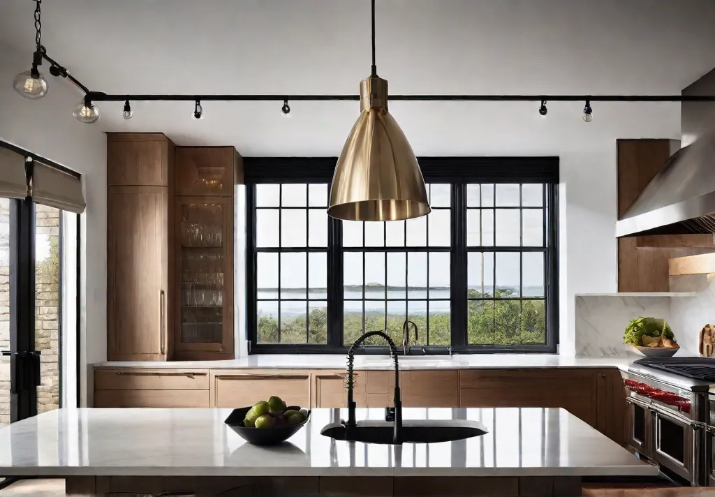 A kitchen illuminated by a statement lighting fixture