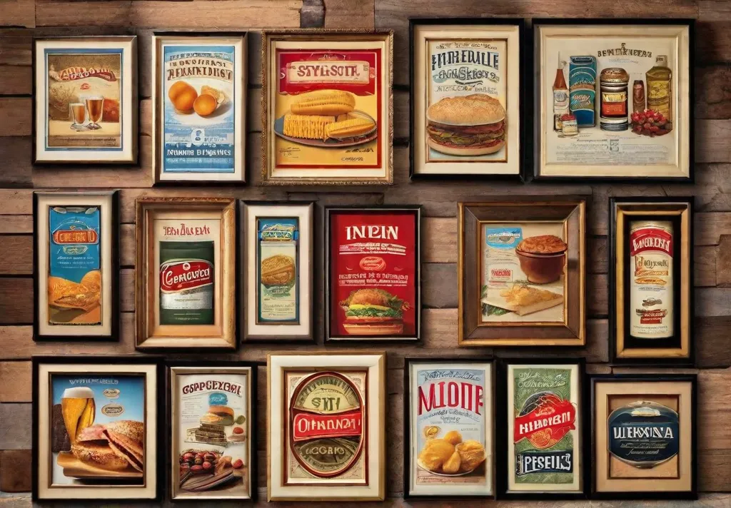 A kitchen wall adorned with a collection of historic food advertisements framed in ornate vintage frames