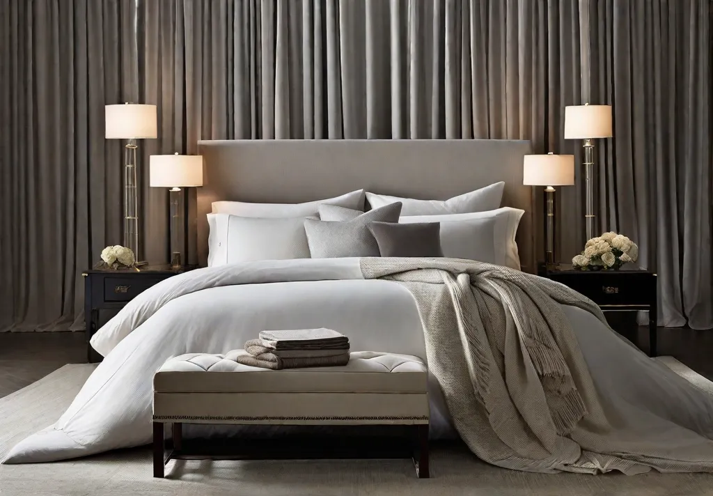 A lavish bed draped in highthreadcount linen sheets with a cashmere throw