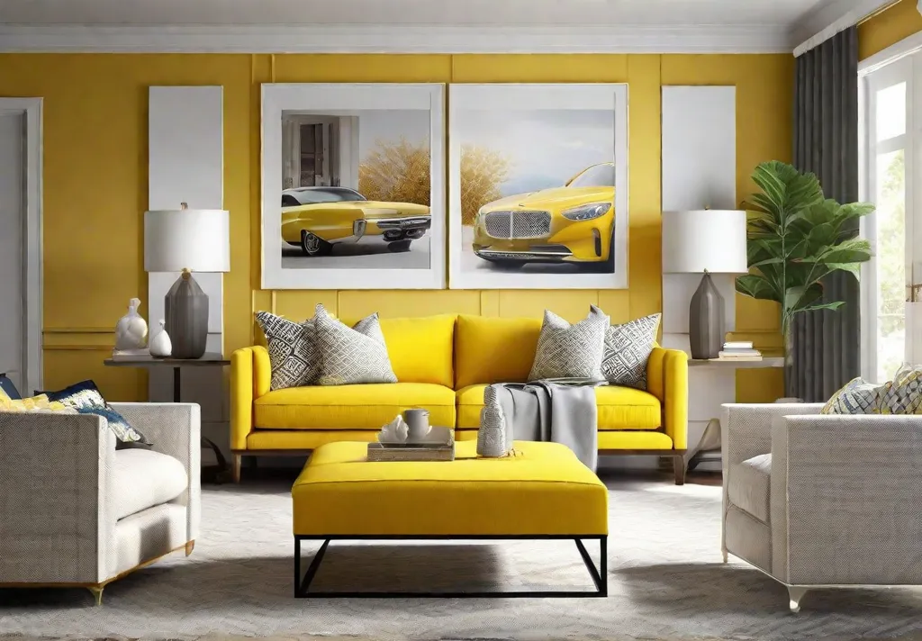 A lively family living room painted in a sunny yellow