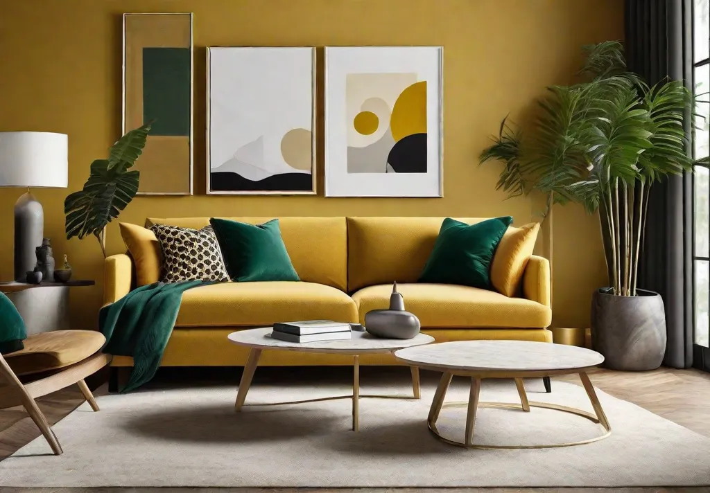 A lively mustard yellow accent wall in a modern living room