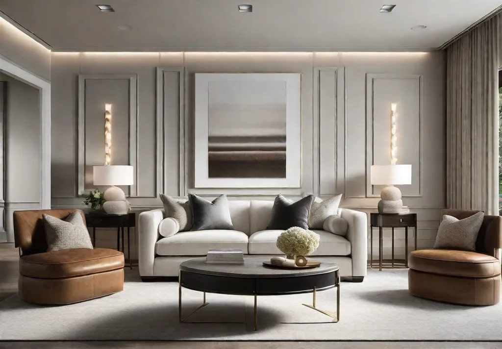A living room embracing the timeless elegance of soft white walls accented by a focal wall painted in warm gray