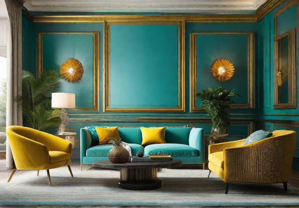 A living room painted in a vibrant turquoise and golden yellow combination