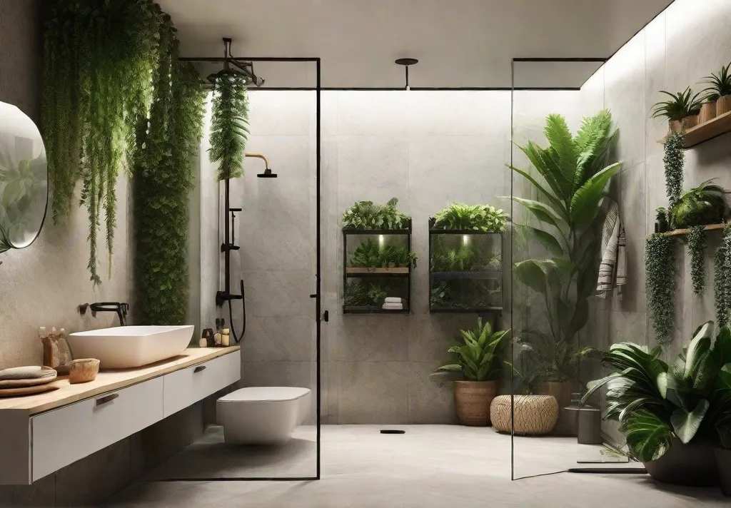 A lush and serene shower space with a variety of indoor plants