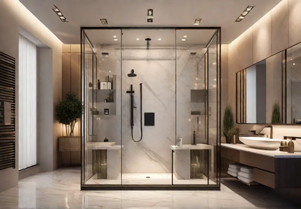 A luxurious bathroom featuring a state of the art smart shower with multiple showerheads