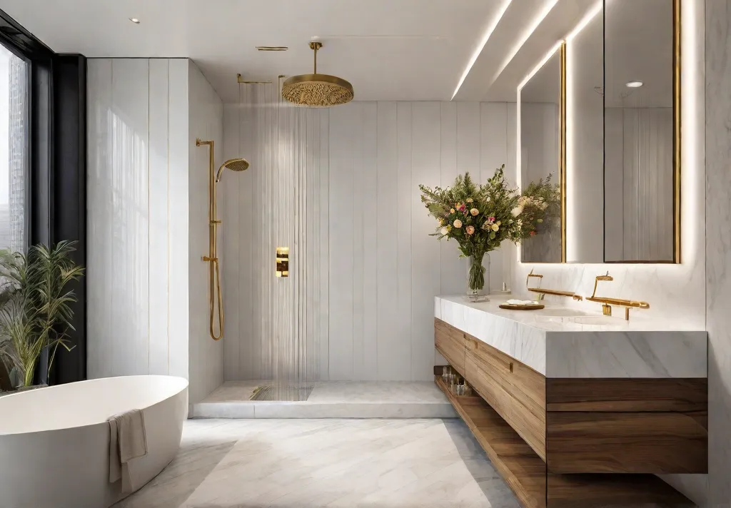 A luxurious bathroom shower with a built in teak bench