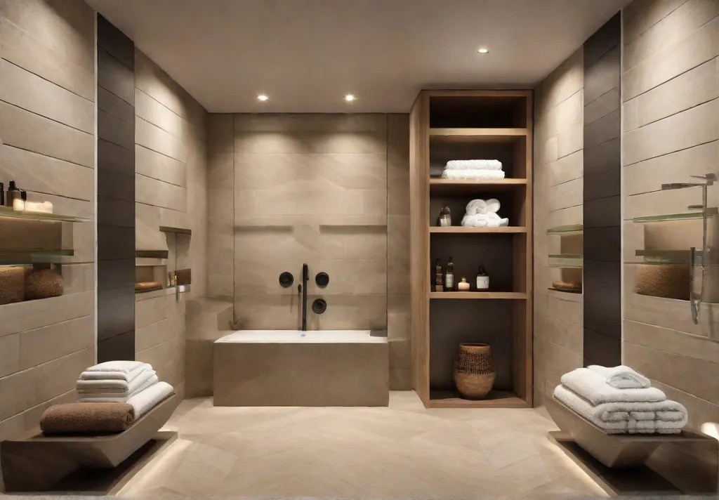 A luxurious bathroom shower with built in niches and floating shelves made of natural stone