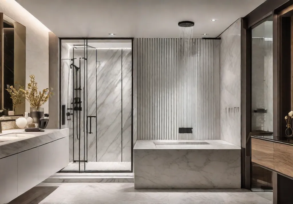 A luxurious bathroom with a large walk in shower featuring dual showerheads