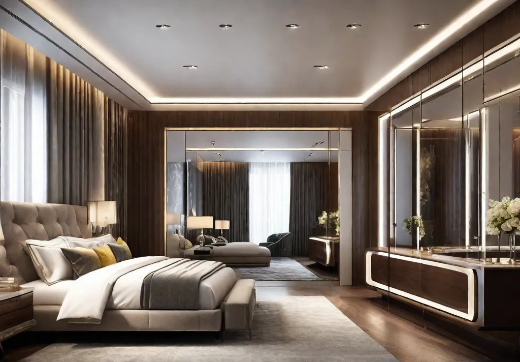 A luxurious bedroom with a fulllength mirror that swings open to reveal