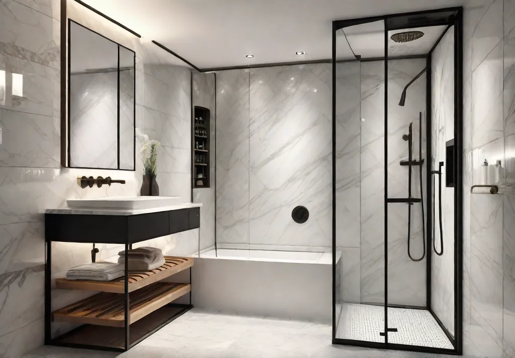 A luxurious corner shower with a glass enclosure