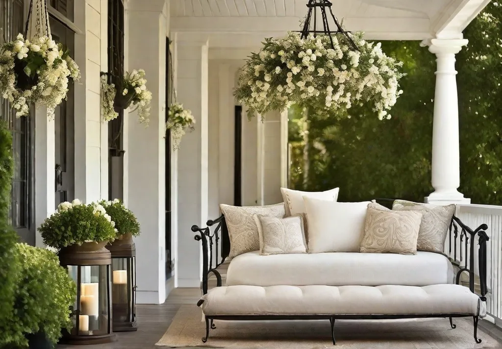 A luxurious front porch setting showcasing an elegant wrought iron daybed