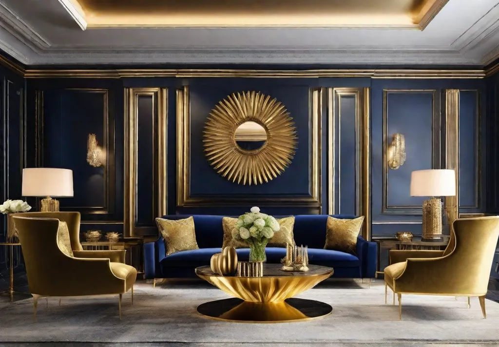 A luxurious living room featuring walls painted in metallic gold