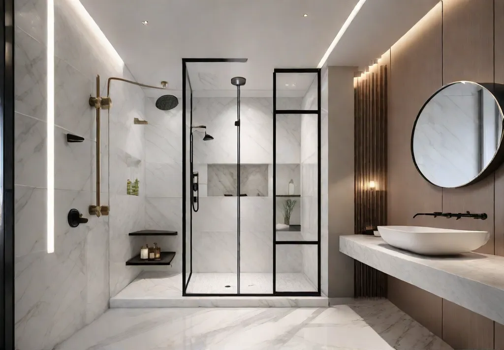 A luxurious shower design in a small bathroom with a glass enclosure