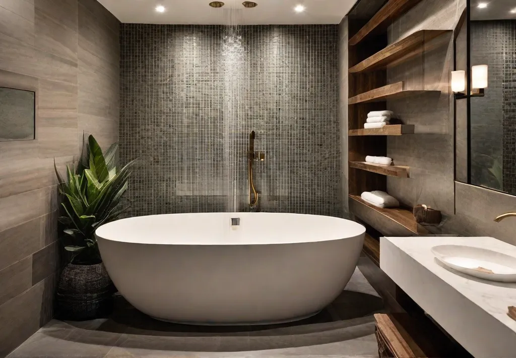 A luxurious shower featuring a combination of natural stone walls