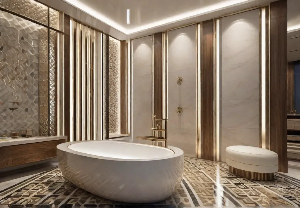 A luxurious shower featuring a mesmerizing mosaic tile design on the walls and floor