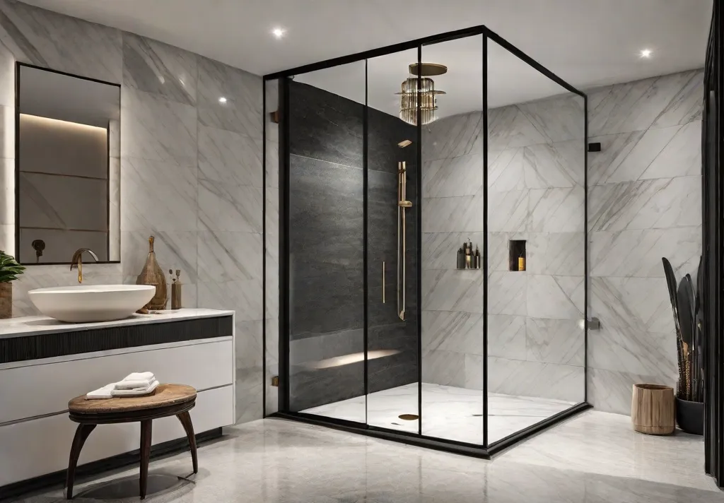 A luxurious shower with natural stone walls and floor