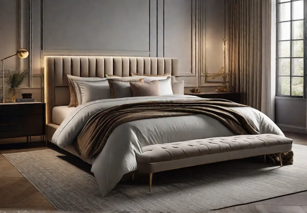 A luxury bedroom scene at dusk showcasing an extravagantly made bed with