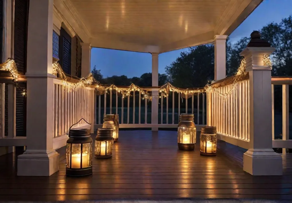 A magical evening porch scene bathed in the soft glow of DIY lanterns made from mason jars