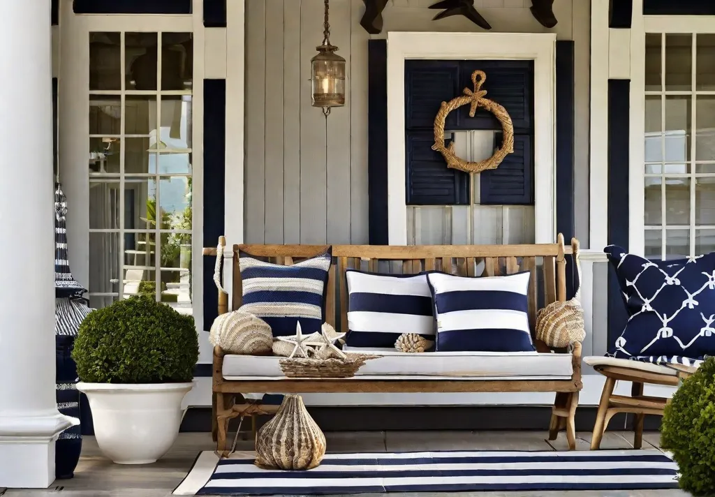 A maritime themed front porch with navy and white striped textiles