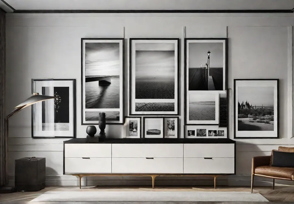 A meticulously arranged gallery wall of black and white photographs above a
