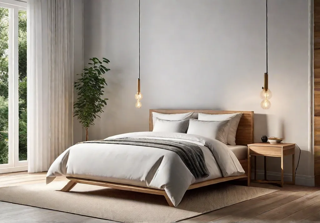 A minimalist bedroom featuring a bamboo floor lamp and wooden side table