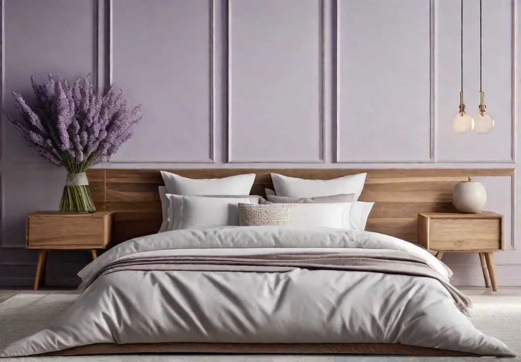 A minimalist bedroom featuring soft lavender walls a white duvet and natural