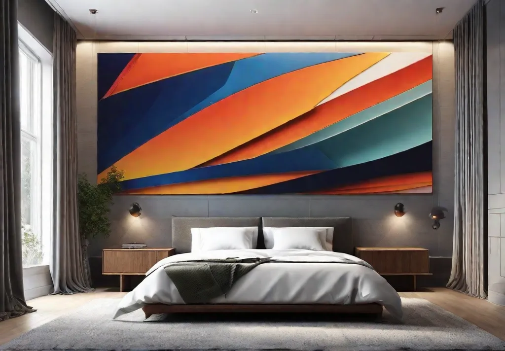 A minimalist bedroom wall decorated with a single striking piece of abstract