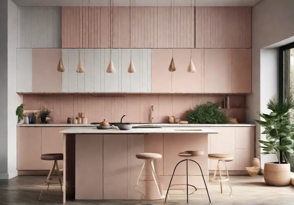 A minimalist kitchen scene with walls decorated with abstract geometric shapes and pastel tones