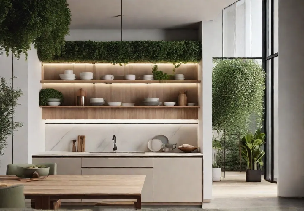 A minimalist kitchen with sleek floating shelves 1