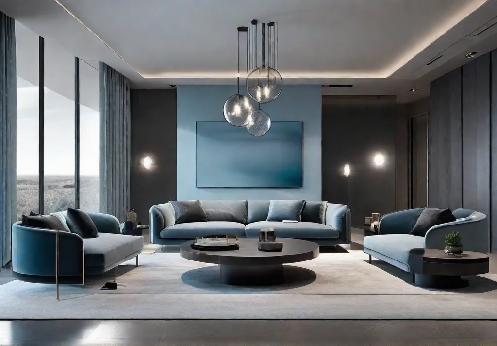 A minimalist living room characterized by charcoal gray and ice blue tones. Sleek