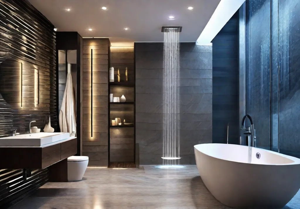 A modern and luxurious bathroom featuring a digital shower panel with LED lighting and a built in sound system