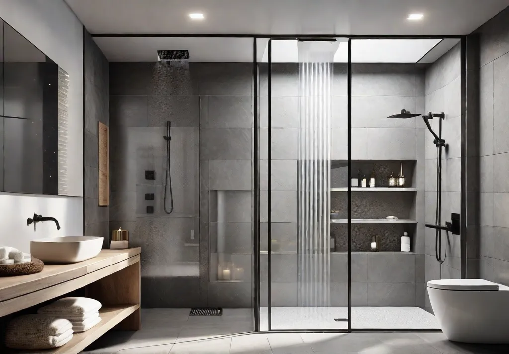 A modern and luxurious bathroom shower featuring a large glass enclosure