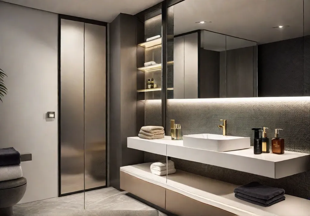 A modern bathroom showcasing a sleek recessed medicine cabinet with a mirrored door