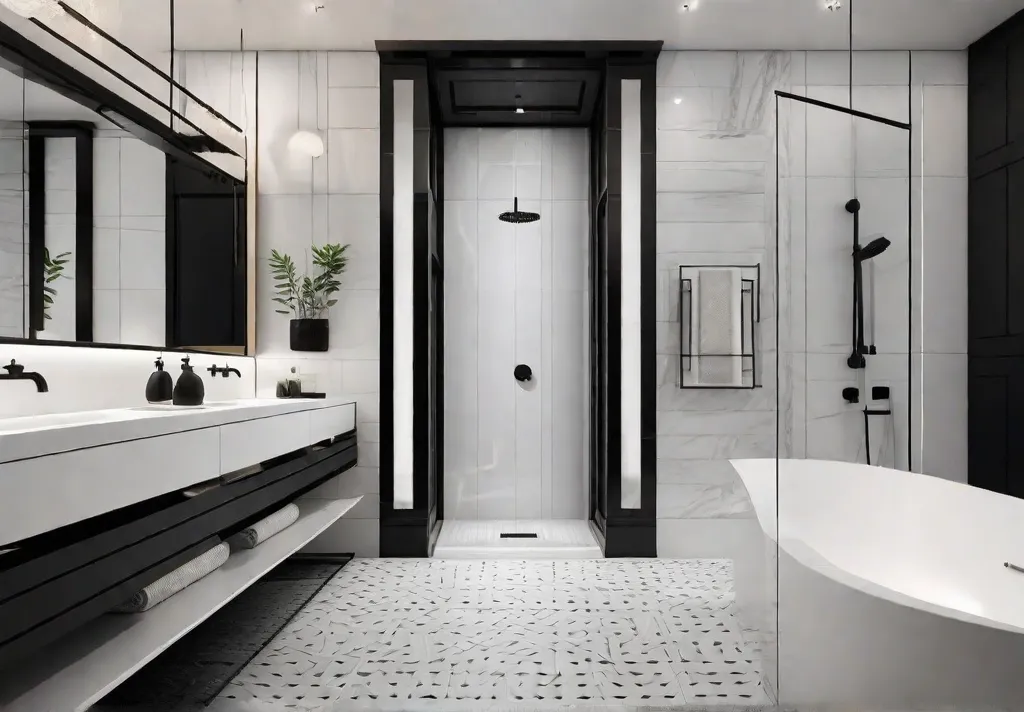 A modern bathroom with a black and white color palette