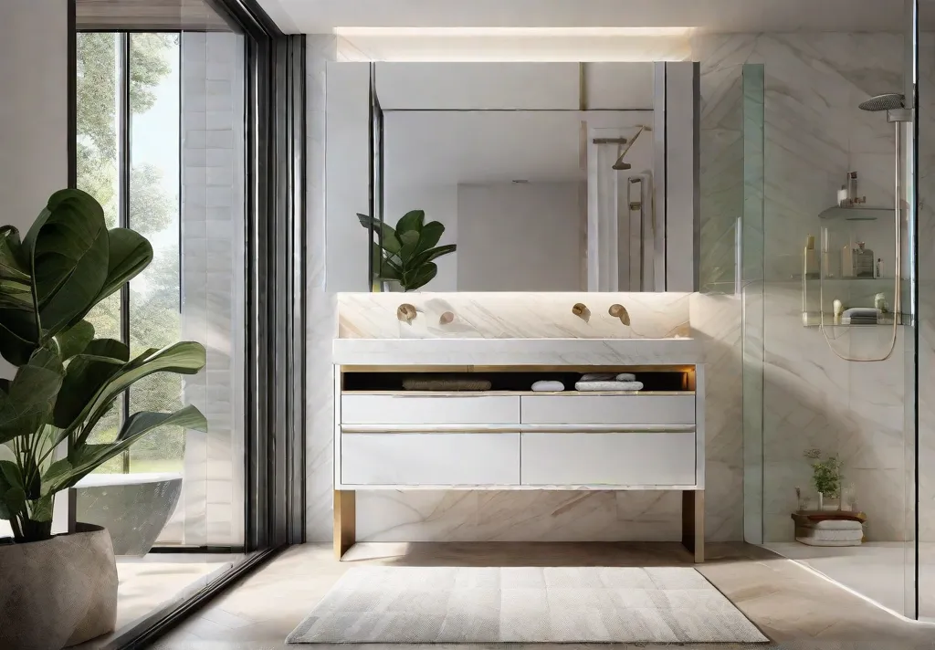 A modern bathroom with a floating vanity and over the toilet storage solutions