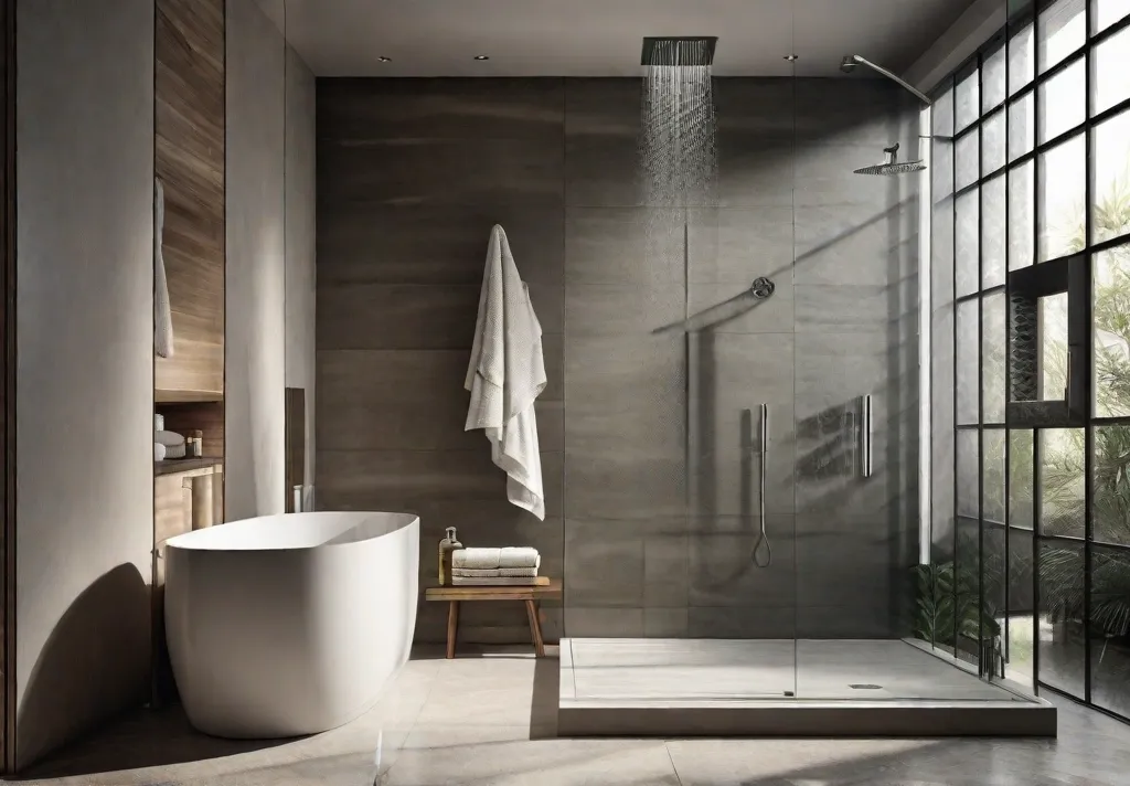 A modern bathroom with a large walk in shower featuring a rainfall showerhead