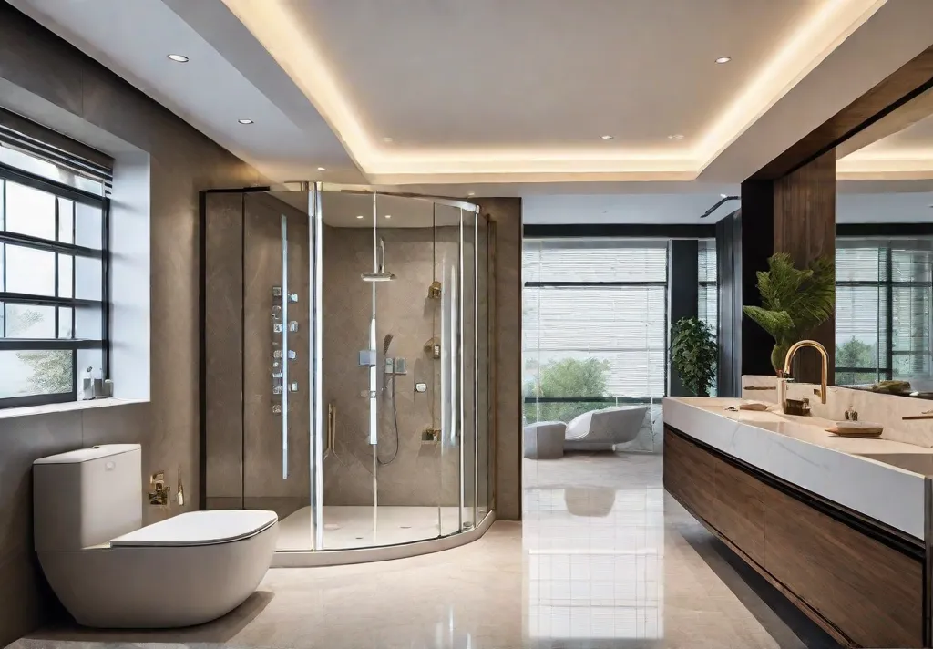 A modern bathroom with a sleek digital shower control panel featuring a touchscreen interface and temperature presets