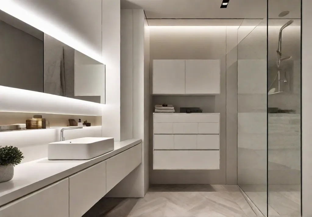 A modern bathroom with a sleek mirror that has a hidden storage compartment behind it