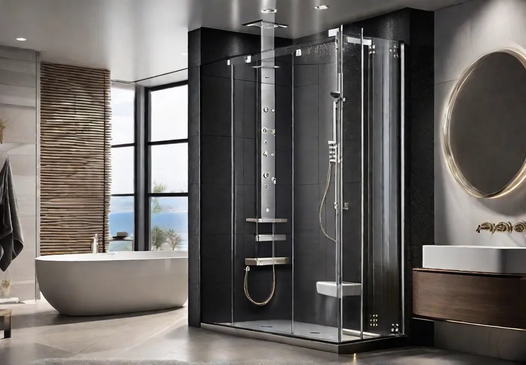 A modern bathroom with a sleek smart shower featuring a digital control panel