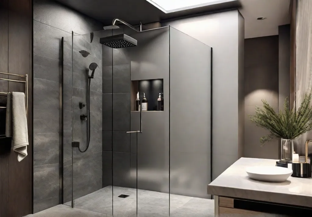 A modern bathroom with a spacious walk in shower featuring a built in niche with a sleek glass shelf
